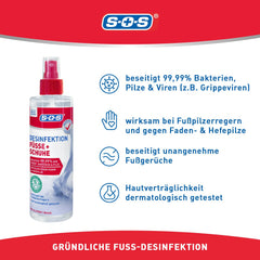 SOS Desinfektion Füße + Schuhe (1x 250ml) - schützt effektiv vor Fußpilzerregern - beseitigt zu 99,99% Bakterien, Pilze & Viren - Desinfektion von Füßen & Schuhen – parfümfrei & Allergiker geeignet