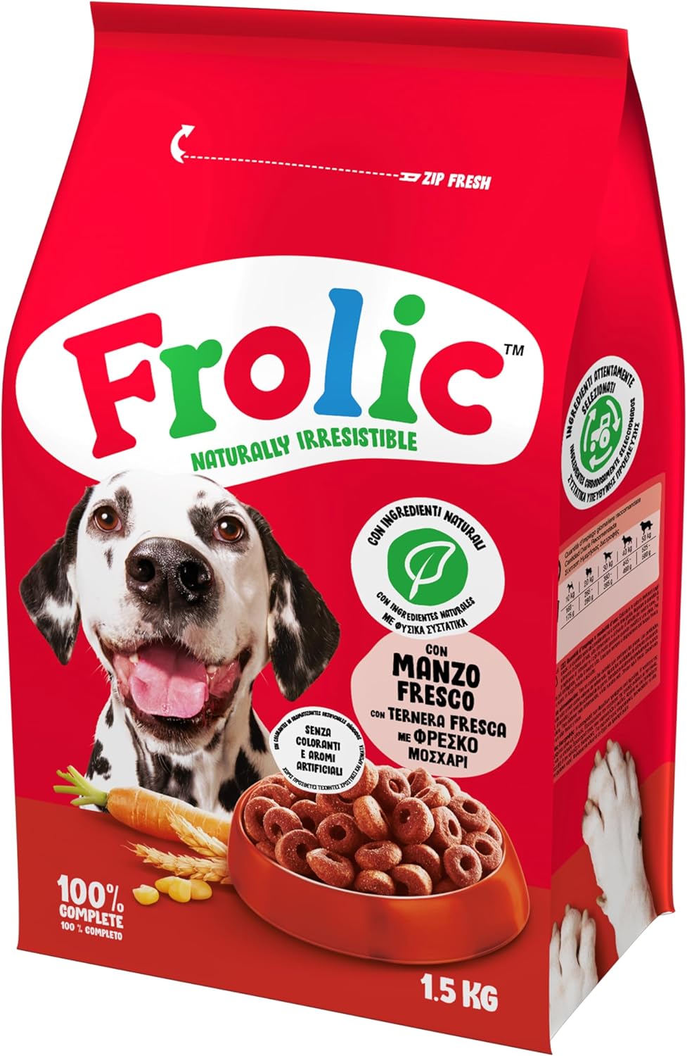 4x Frolic Complete Trockenfutter für Hunde, mit Rind, Karotten und Getreide (4x1,5kg) (6kg)