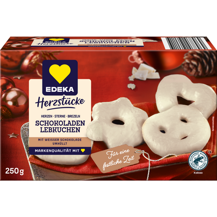 EDEKA Herzstücke Schokoladenlebkuchen weiß Herzen Sterne Brezeln 250g