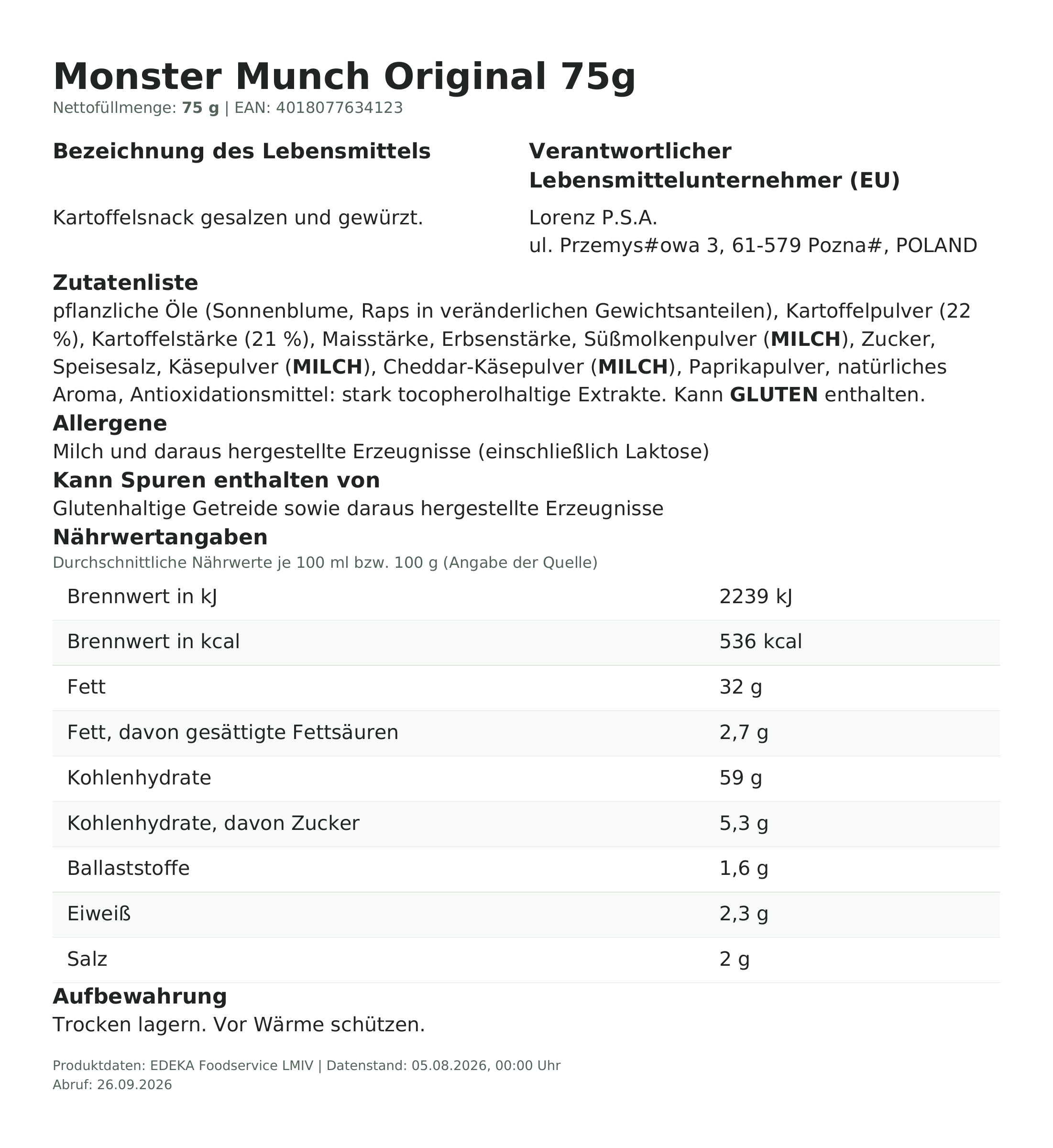 Monster Munch Original 75g – Lebensmittelangaben