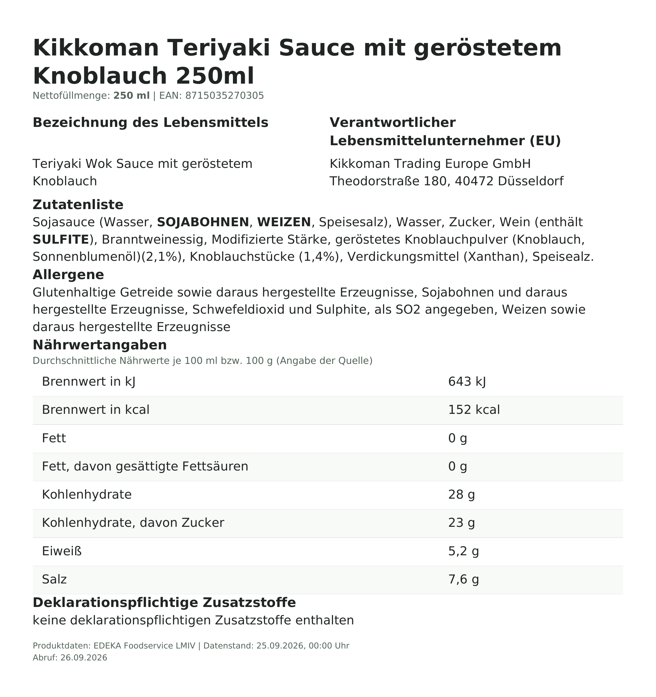 Lebensmittelinformationen: Kikkoman Teriyaki Knoblauch 250ml 250ml