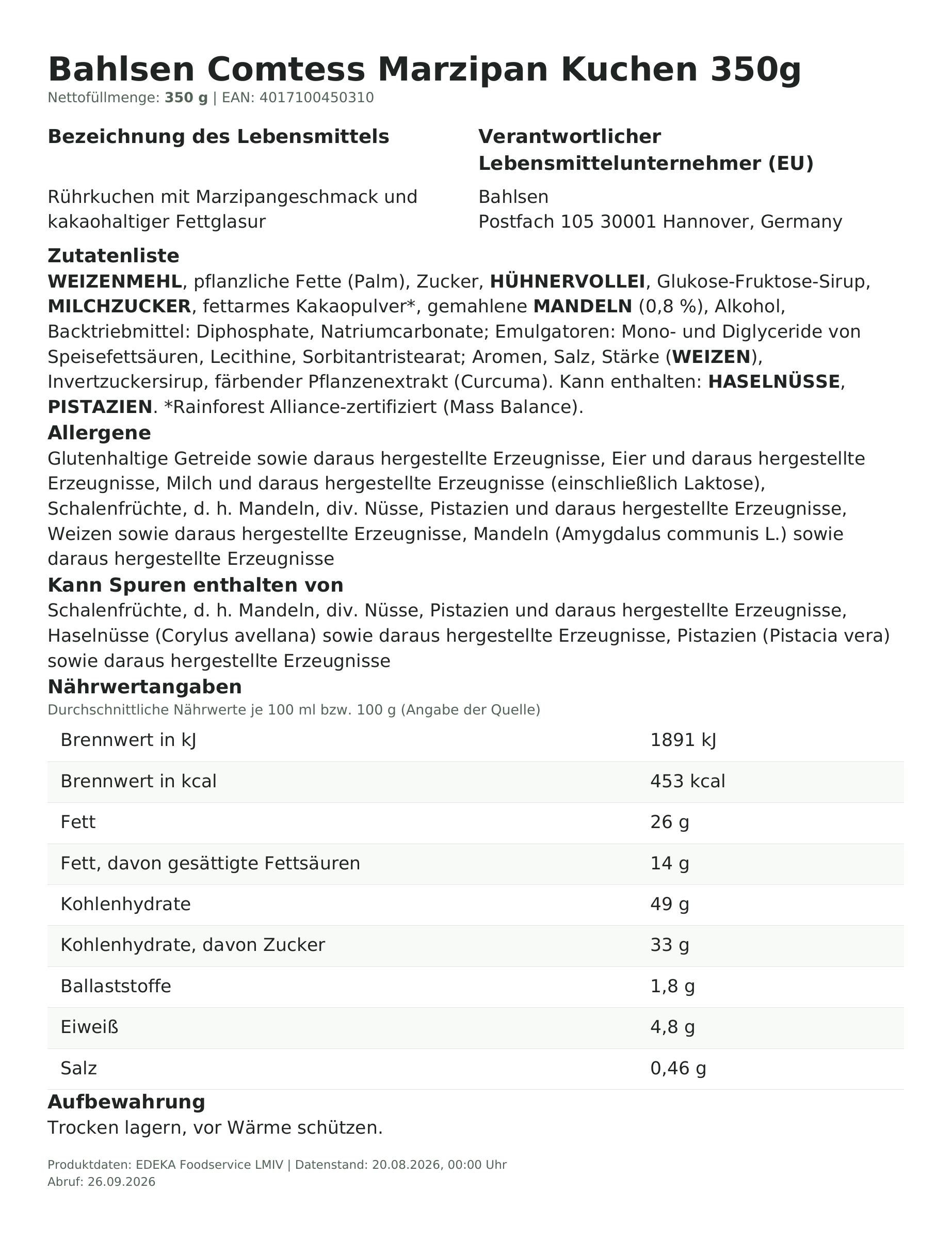 Bahlsen Comtess Marzipan Kuchen 350g – Lebensmittelangaben