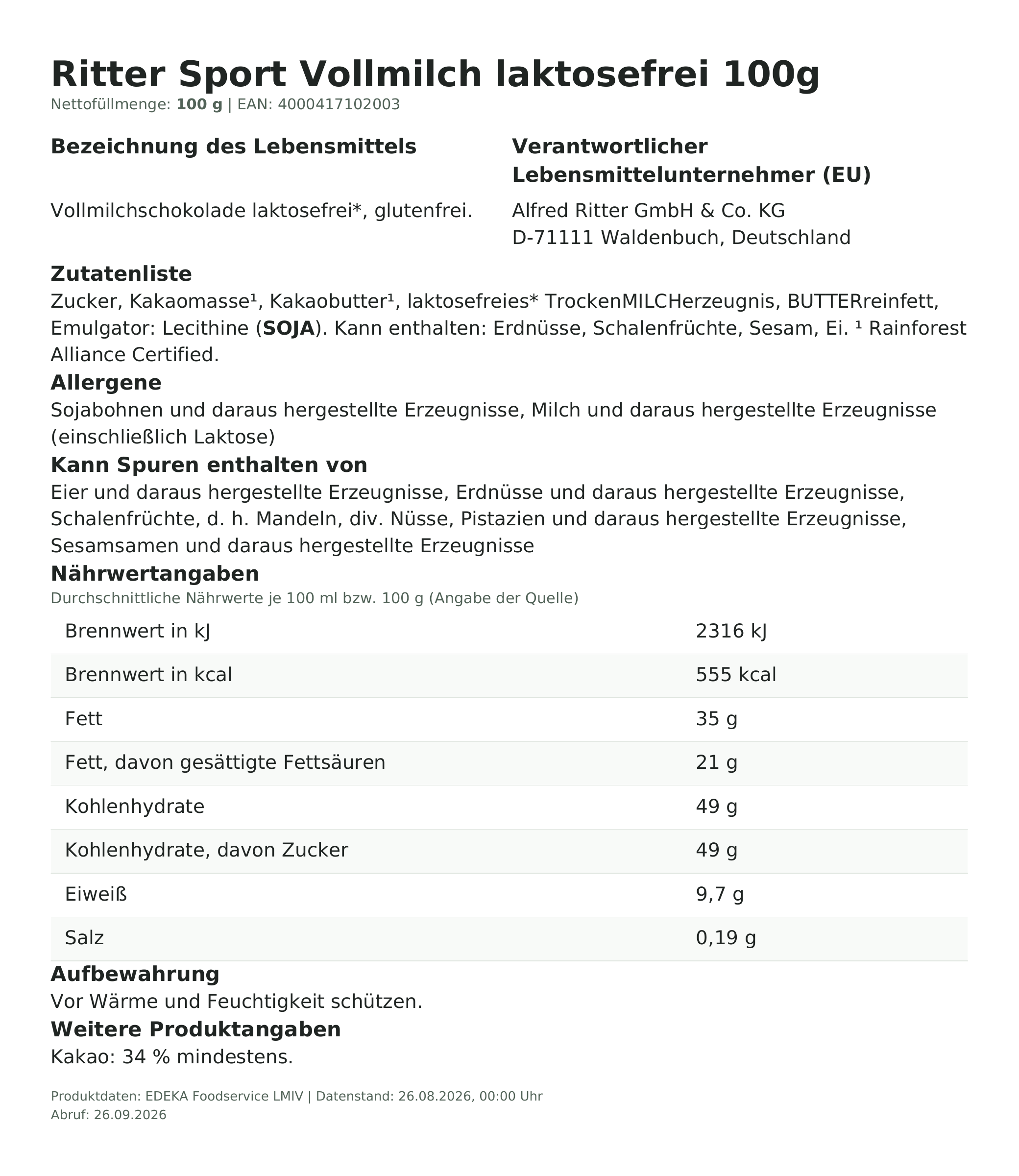 Lebensmittelinformationen: Ritter Sport laktosefrei 100g Vollmilch 100g