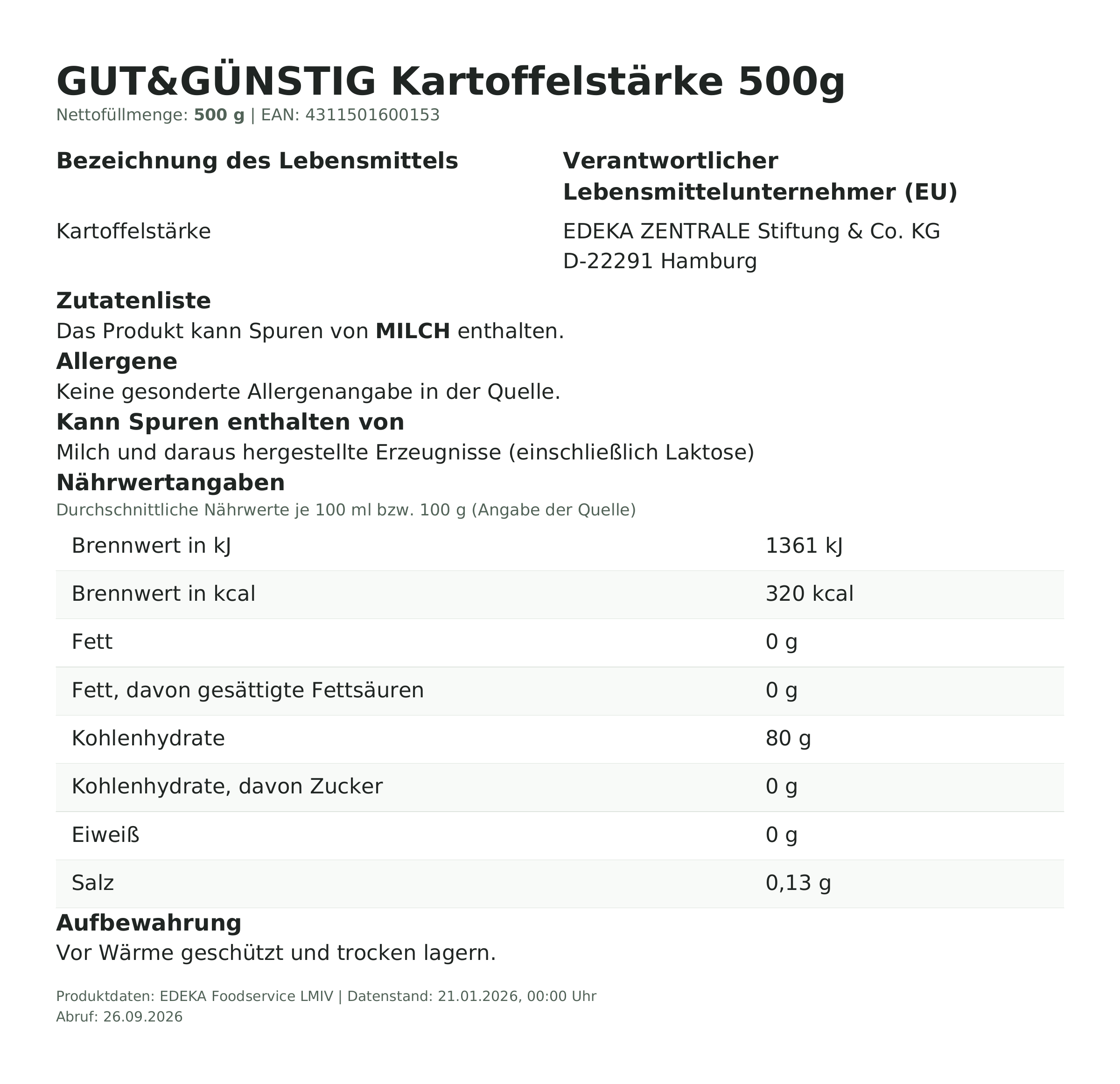 Lebensmittelinformationen: G&G Kartoffelstärke 500g 500g