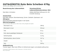 Lebensmittelinformationen: G&G Rote Beete in Scheiben 670g 670g