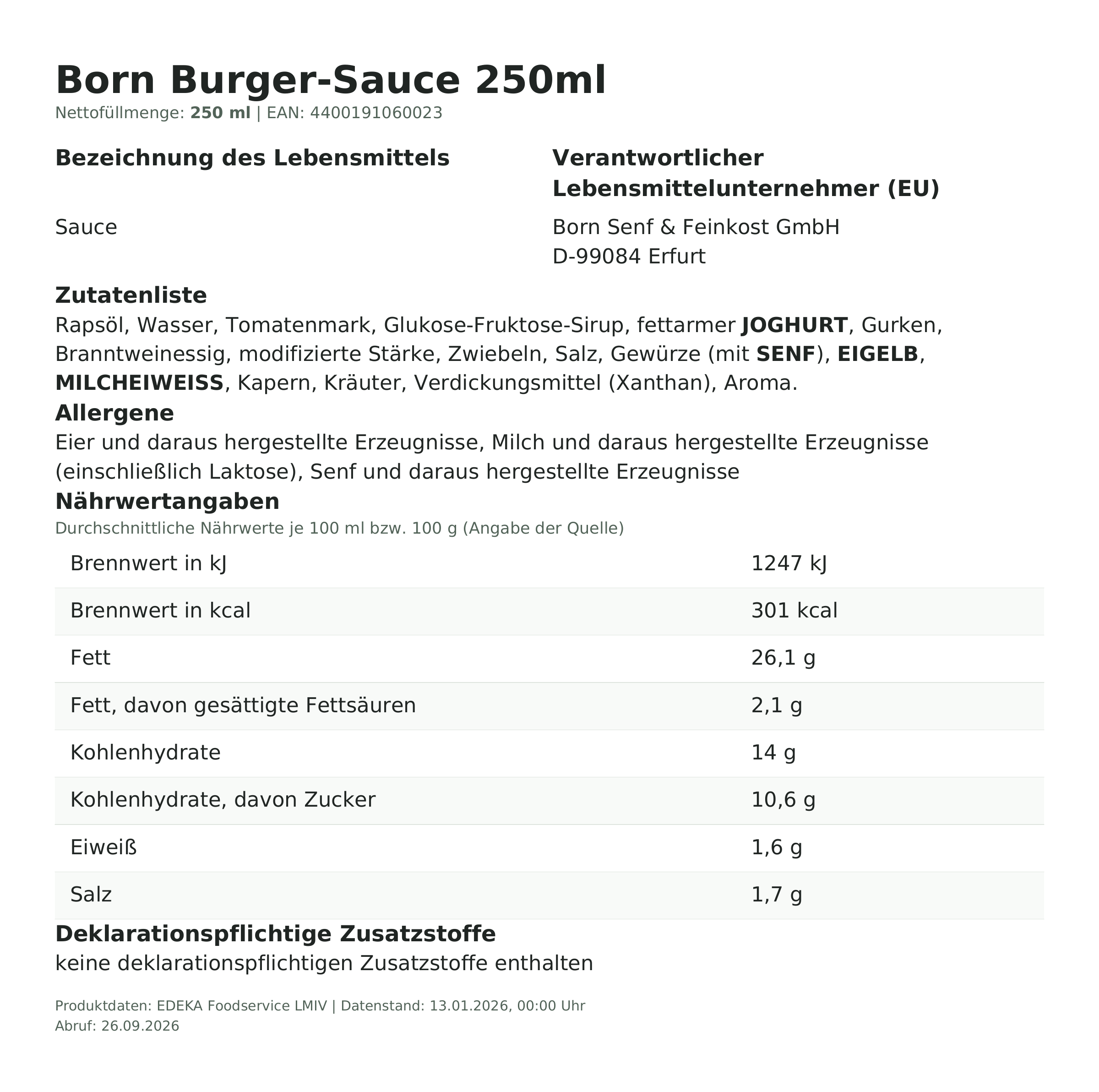 Lebensmittelinformationen: Born Burger-Sauce 250ml 250ml