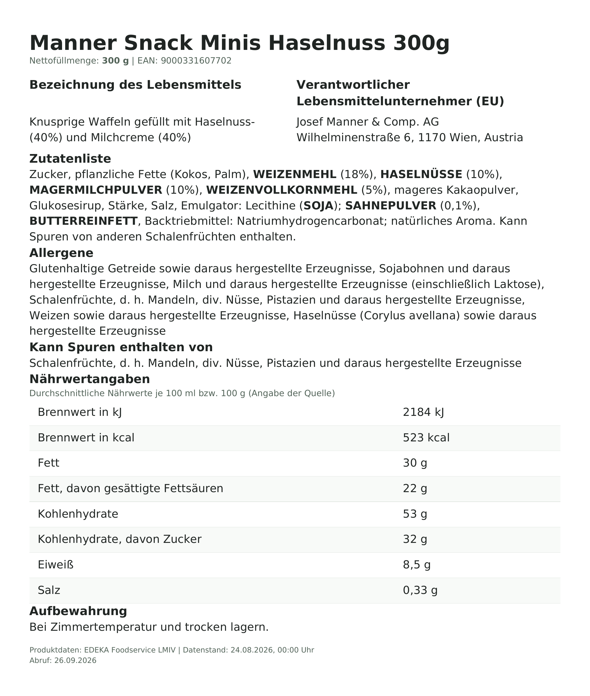 Lebensmittelinformationen: Manner Snack Minis 300g 300g
