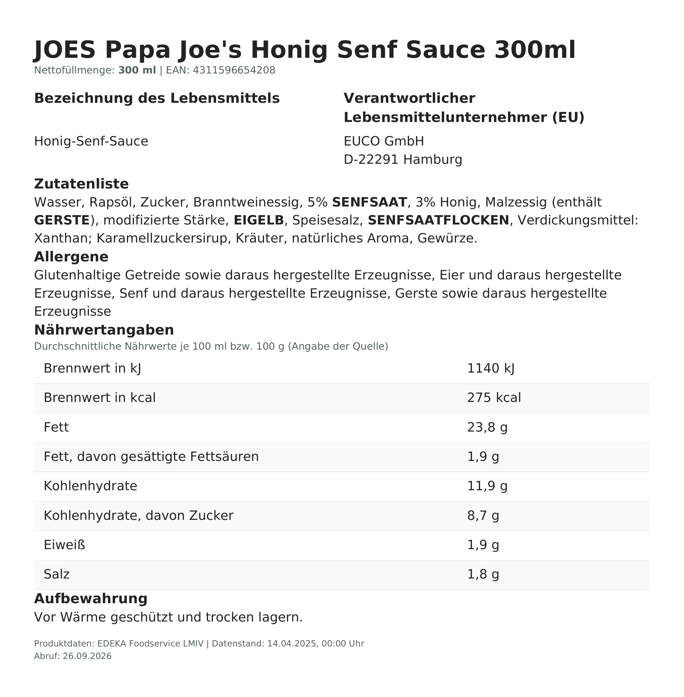Lebensmittelinformationen: Papa Joe´s Honig Senf Sauce 300ml 300ml
