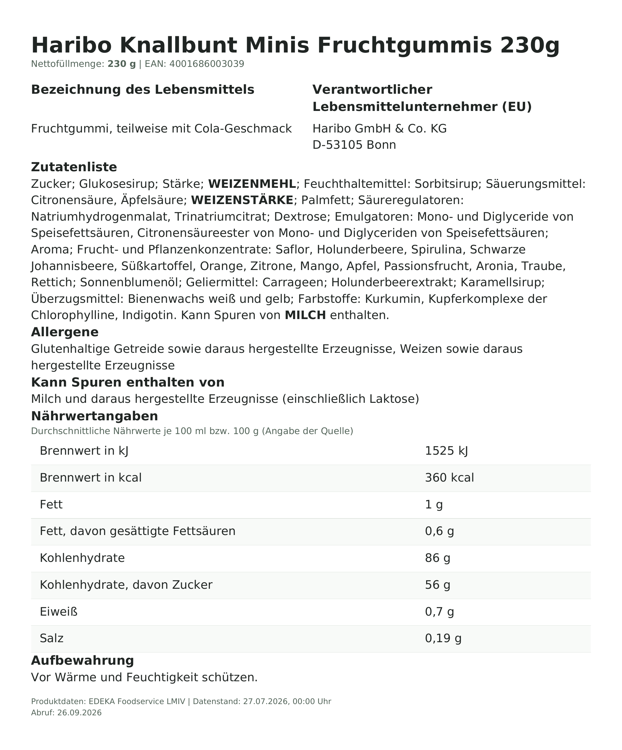 Produktinformationen – Haribo Knallbunt Minis Fruchtgummis 230g