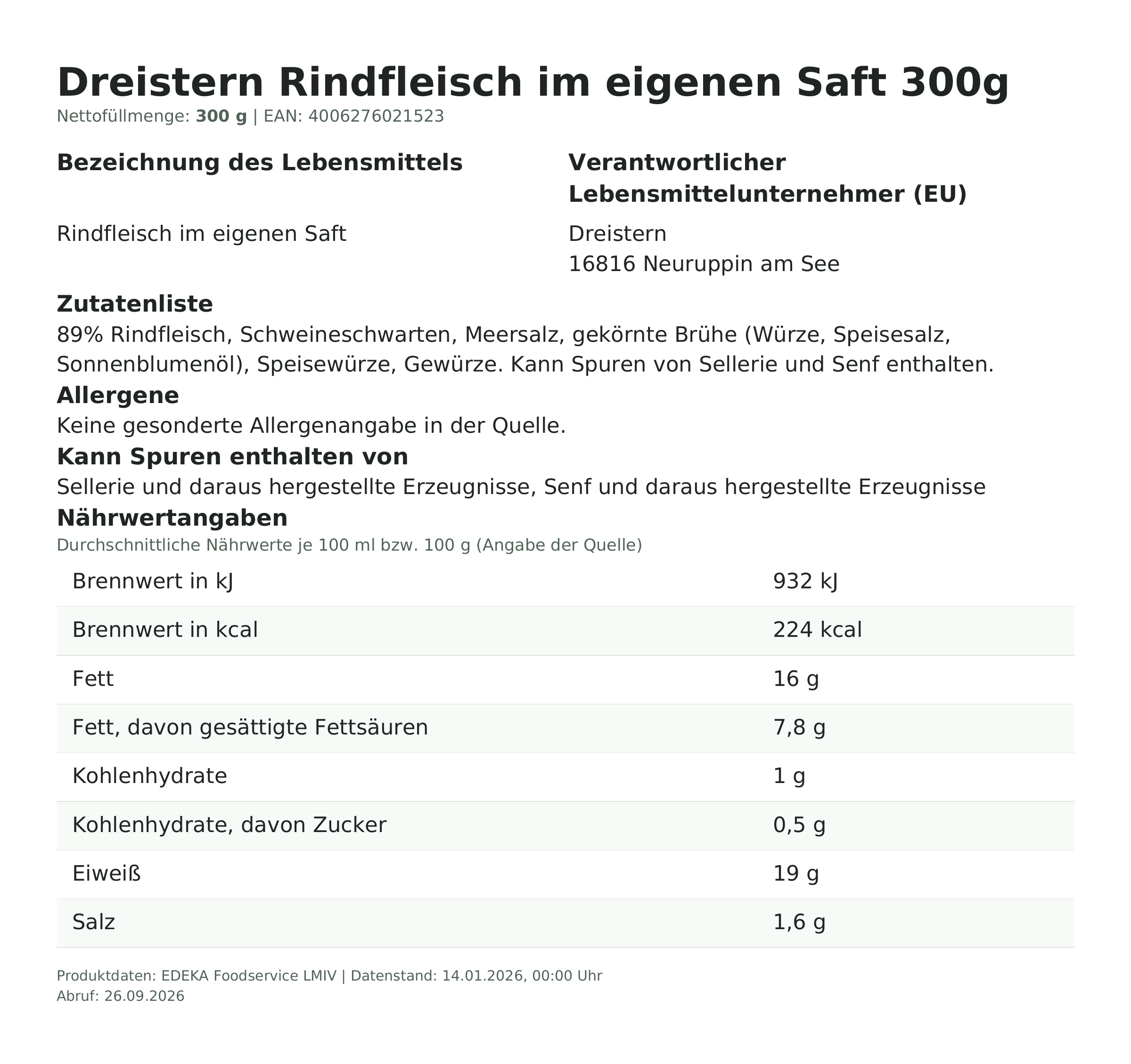 Produktinformationen zum Einzelprodukt – Dreistern Rindfleisch im eigenen Saft 300g