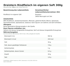 Produktinformationen zum Einzelprodukt – Dreistern Rindfleisch im eigenen Saft 300g