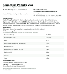 Lebensmittelinformationen: Crunchips Paprika 25g 25g