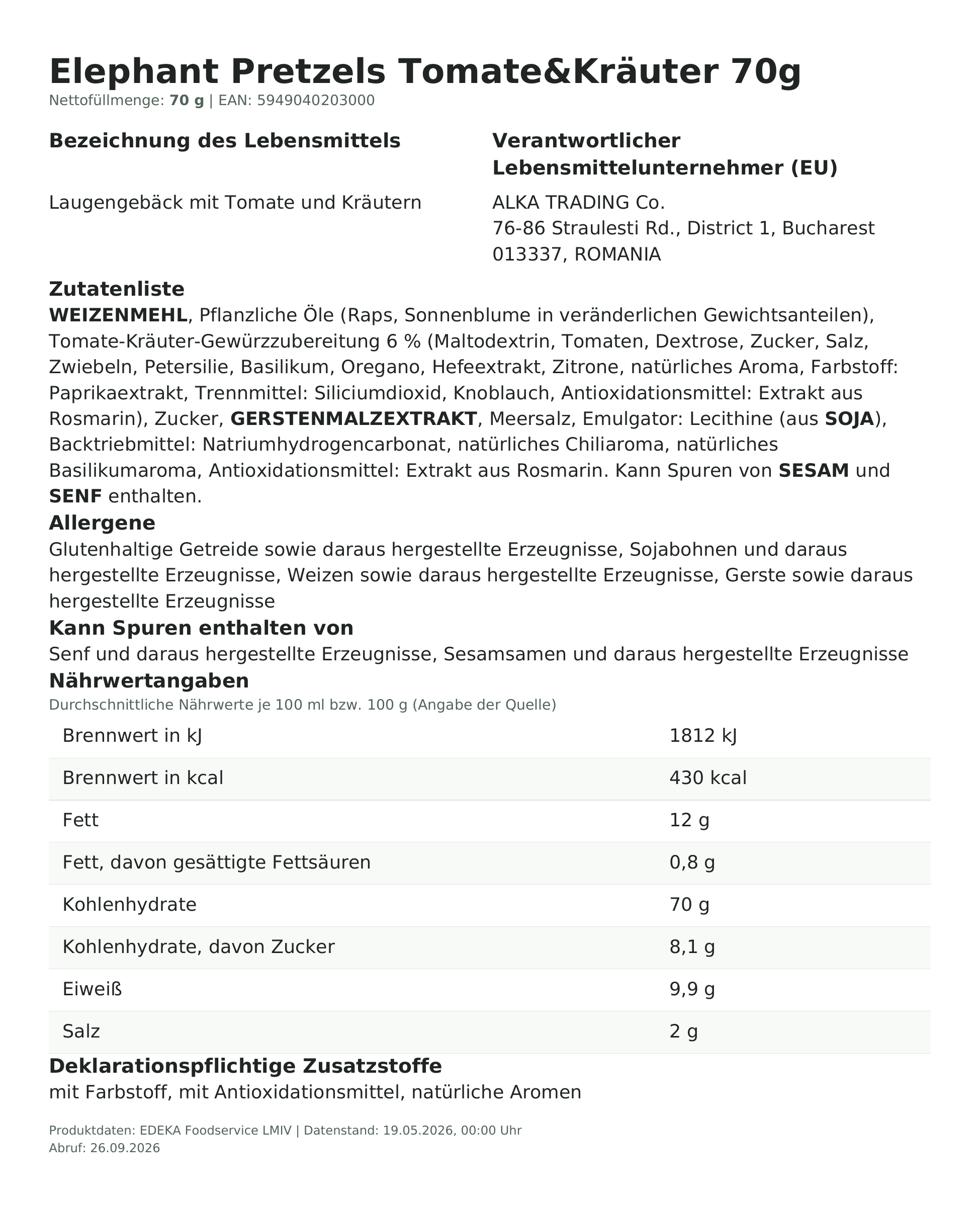 Produktinformationen zum Einzelprodukt – Elephant Pretzels Tomate&Kräuter 70g