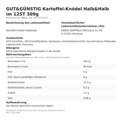 Produktinformationen zum Einzelprodukt – Gut&Günstig Kartoffel-Knödel Halb&Halb im 12ST 309g