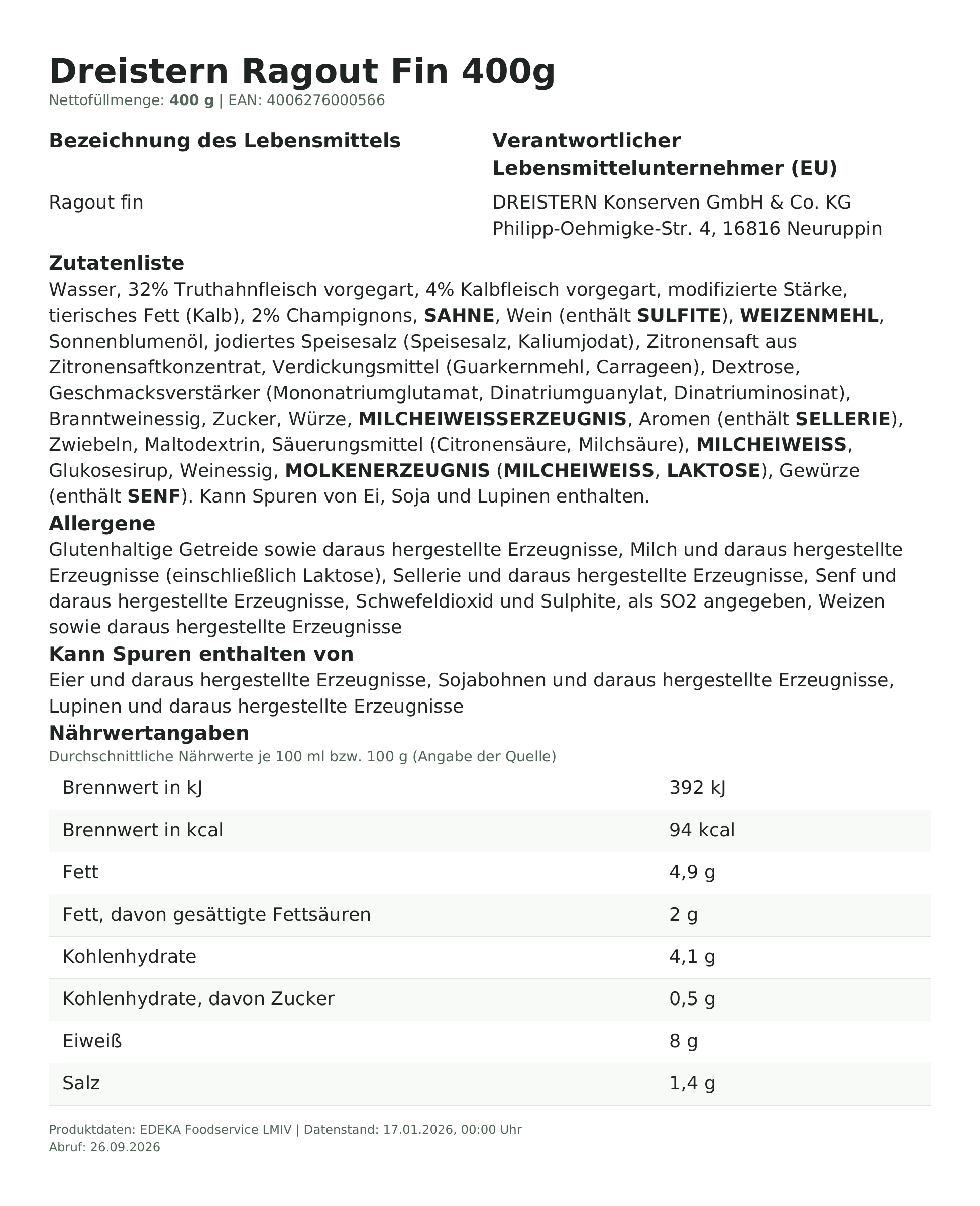 Produktinformationen zum Einzelprodukt – Dreistern Ragout Fin 400g