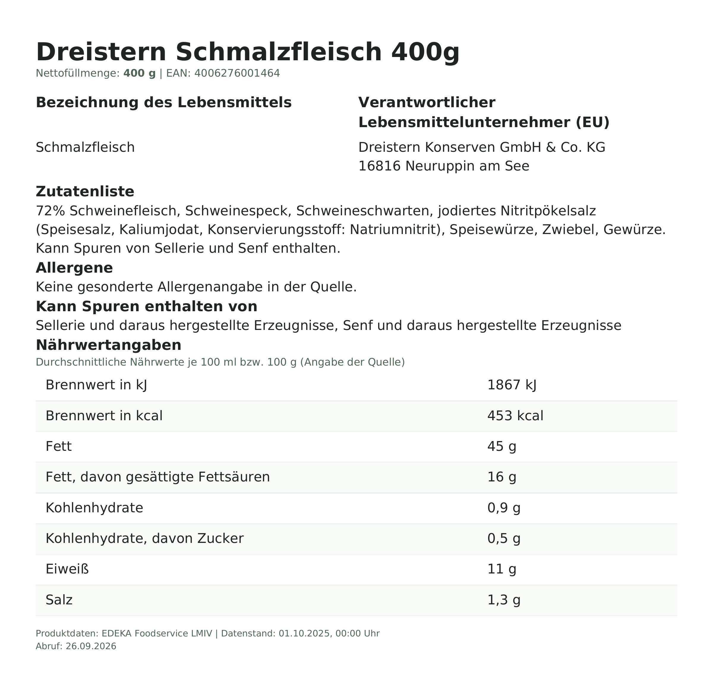 Produktinformationen zum Einzelprodukt – Dreistern Schmalzfleisch 400g