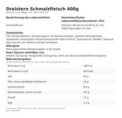 Produktinformationen zum Einzelprodukt – Dreistern Schmalzfleisch 400g