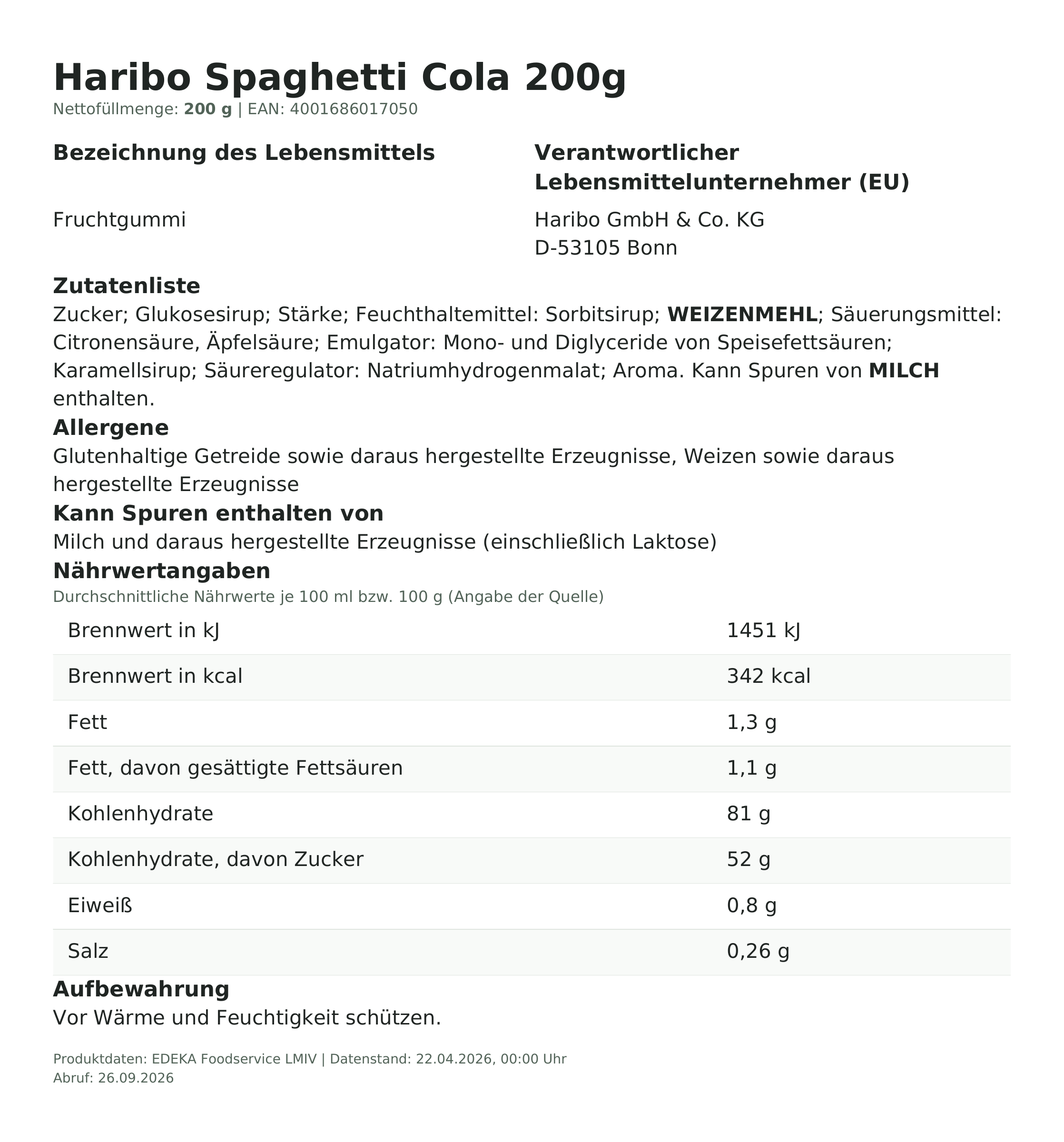 Produktinformationen – Haribo Spaghetti Cola 200g