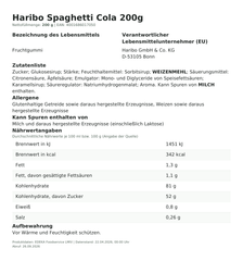 Produktinformationen – Haribo Spaghetti Cola 200g