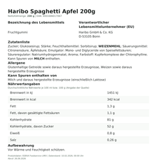 Haribo Spaghetti Apfel 200g – Lebensmittelangaben