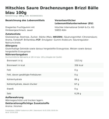 Produktinformationen – Hitschies Saure Drachenzungen Brizzl Bälle blau 100g