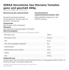 Lebensmittelinformationen: EDEKA San Marzano Tomaten ganz und geschält 400 g