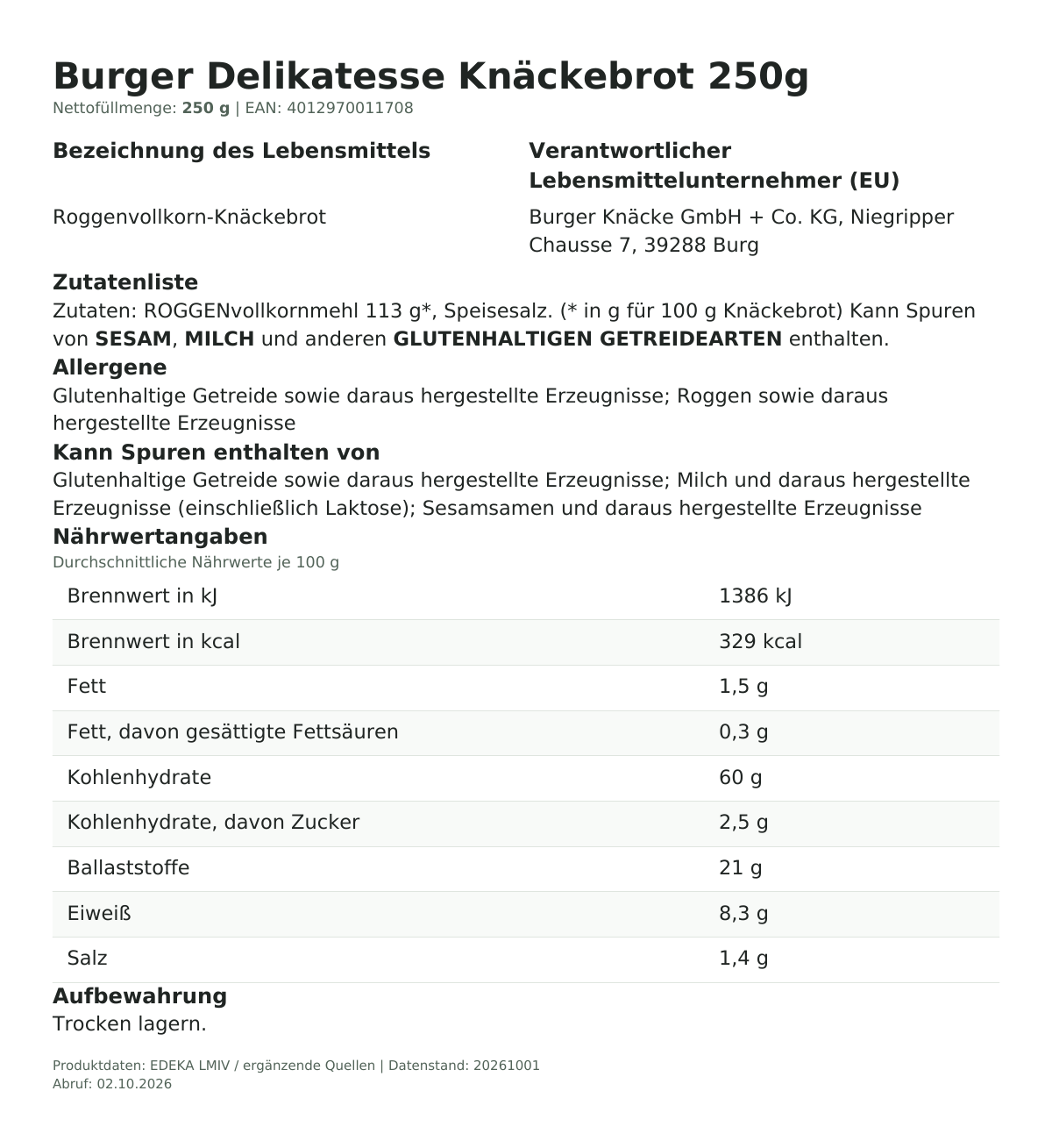 Produktinformationen zum Einzelprodukt – Burger Delikatesse Knäckebrot 250g