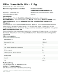Lebensmittelinformationen je Einzelprodukt – Milka Snow Balls Milch 112g