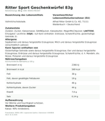 Produktbild anzeigen: Lebensmittelinformationen je Einzelprodukt – Ritter Sport Geschenkwürfel 83g