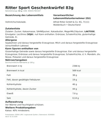 Lebensmittelinformationen je Einzelprodukt – Ritter Sport Geschenkwürfel 83g
