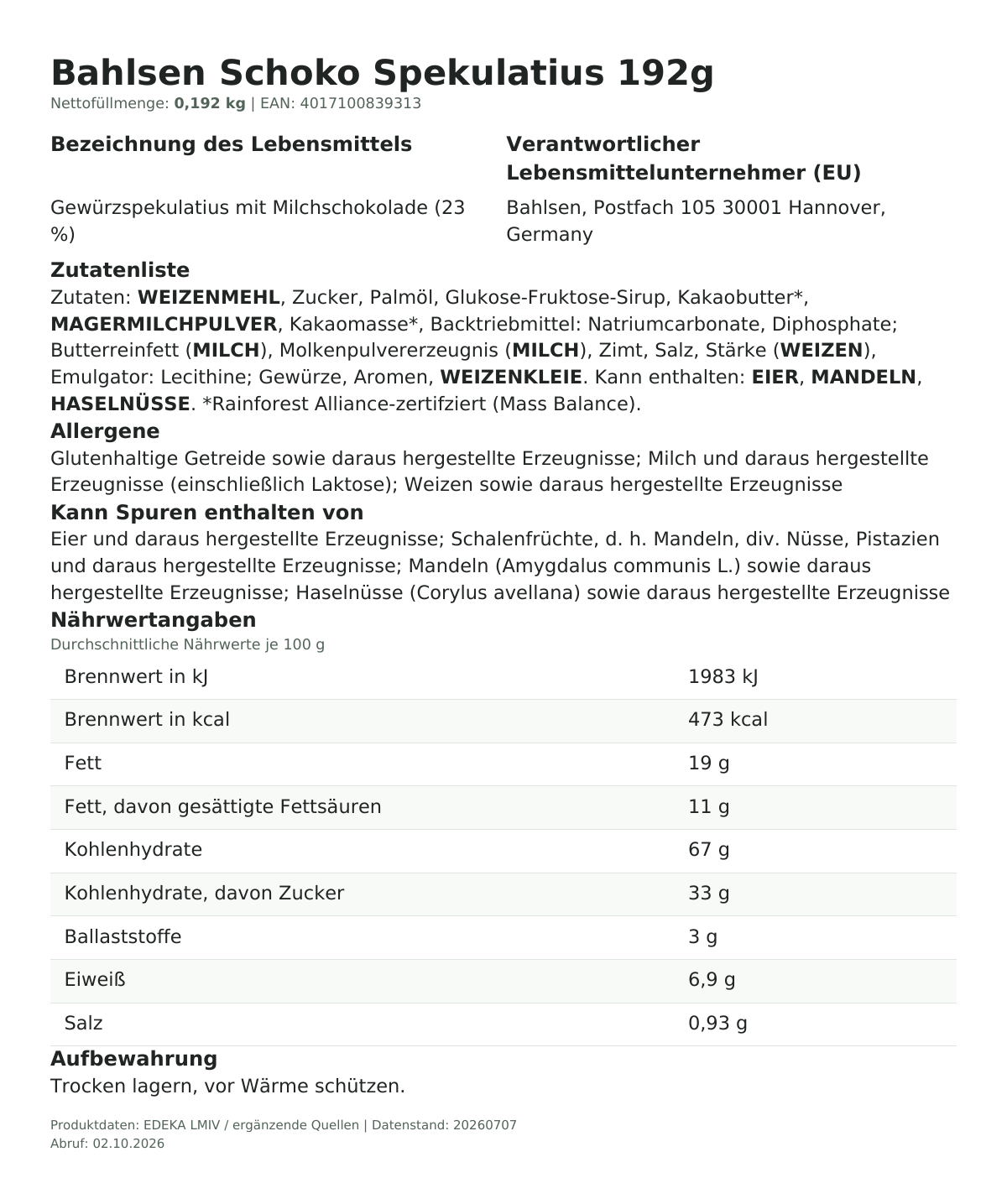 Lebensmittelinformationen je Einzelprodukt – Bahlsen Schoko Spekulatius 192g