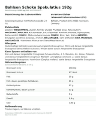 Lebensmittelinformationen je Einzelprodukt – Bahlsen Schoko Spekulatius 192g