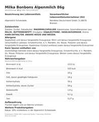 Lebensmittelinformationen je Einzelprodukt – Milka Bonbons Alpenmilch 86g
