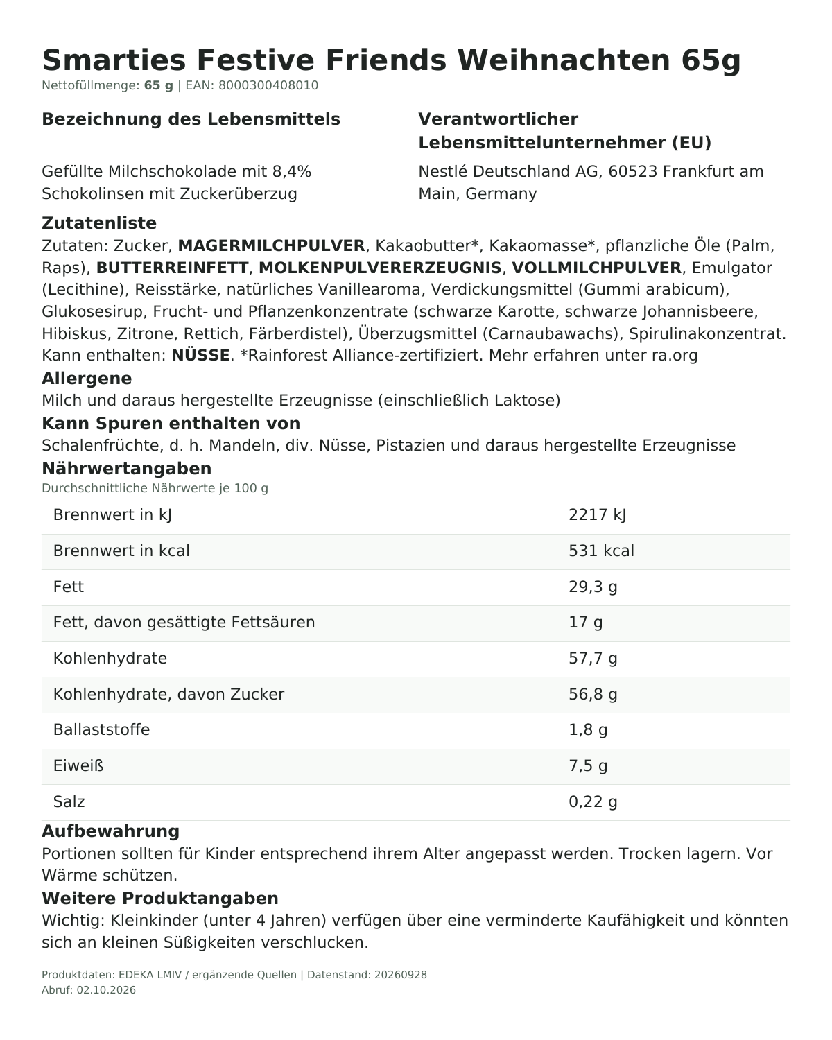 Lebensmittelinformationen je Einzelprodukt – Smarties Festive Friends Weihnachten 65g