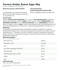 Lebensmittelinformationen je Einzelprodukt – Ferrero Kinder Bueno Eggs 80g