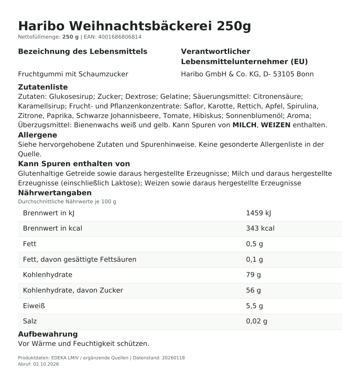 Produktinformationen zum Einzelprodukt – Haribo Weihnachtsbäckerei 250g