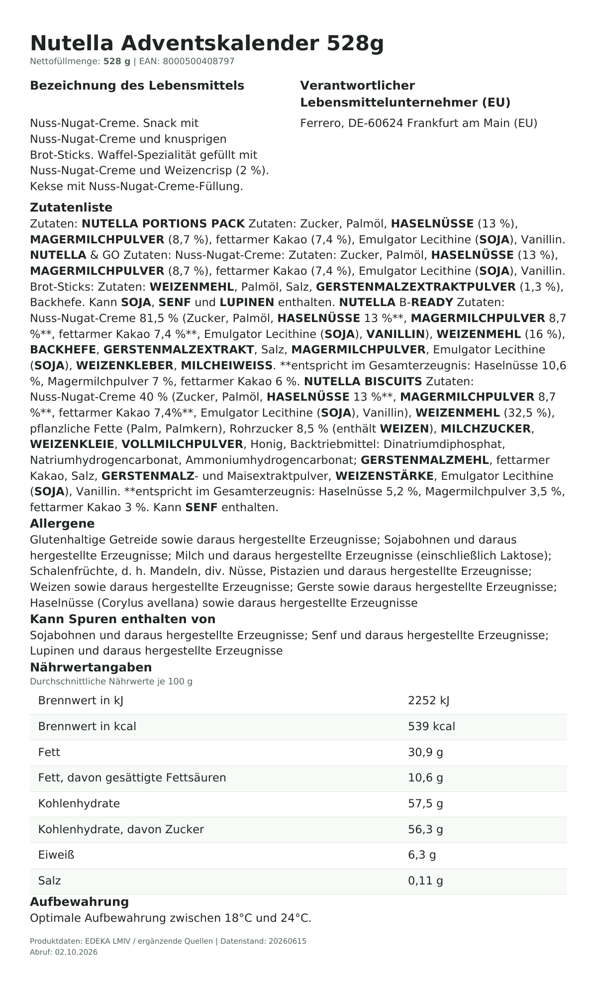 Produktinformationen zum Einzelprodukt – Nutella Adventskalender 528g