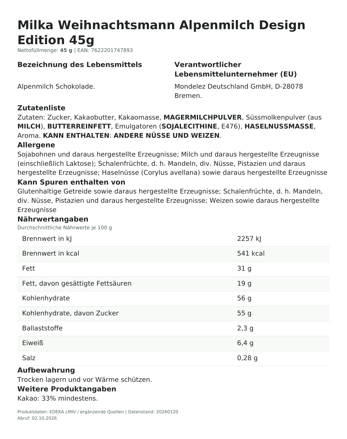 Lebensmittelinformationen je Einzelprodukt – Milka Weihnachtsmann Alpenmilch Design Edition 45g