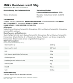 Produktbild anzeigen: Lebensmittelinformationen je Einzelprodukt – Milka Bonbons weiß 90g