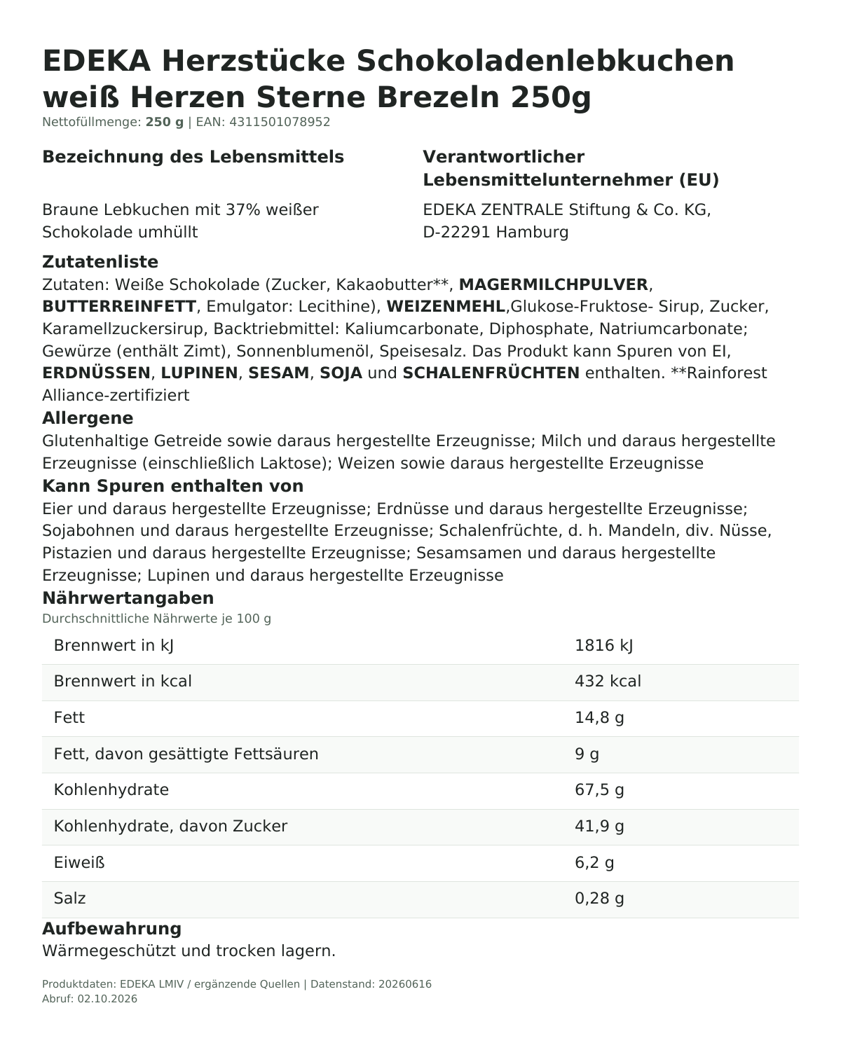 Produktinformationen zum Einzelprodukt – EDEKA Herzstücke Schokoladenlebkuchen weiß Herzen Sterne Brezeln 250g