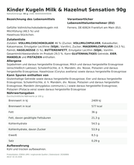 Lebensmittelinformationen je Einzelprodukt – Kinder Kugeln Milk & Hazelnut Sensation 90g