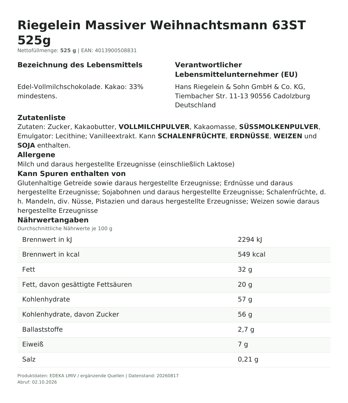 Produktinformationen zum Einzelprodukt – Riegelein Massiver Weihnachtsmann 63ST 525g