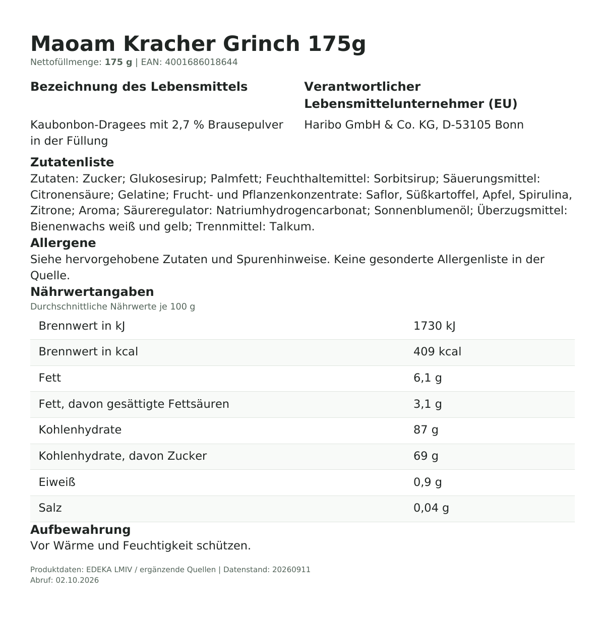 Lebensmittelinformationen je Einzelprodukt – Maoam Kracher Grinch 175g