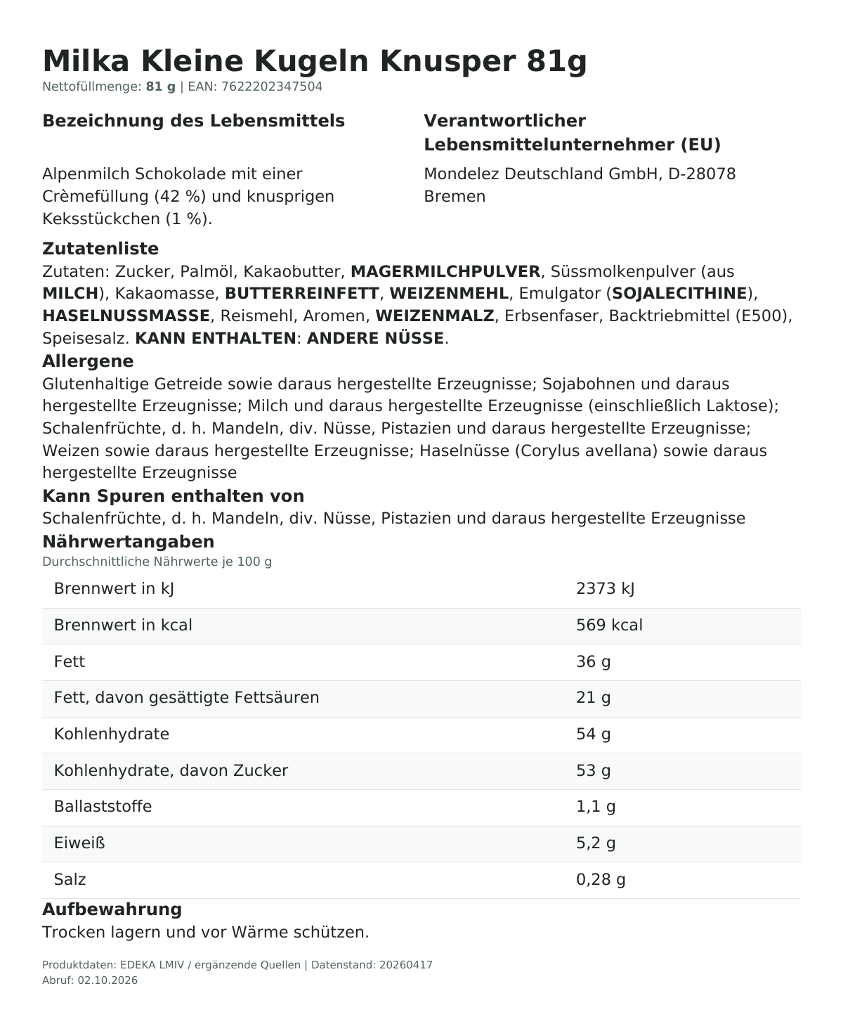 Lebensmittelinformationen je Einzelprodukt – Milka Kleine Kugeln Knusper 81g