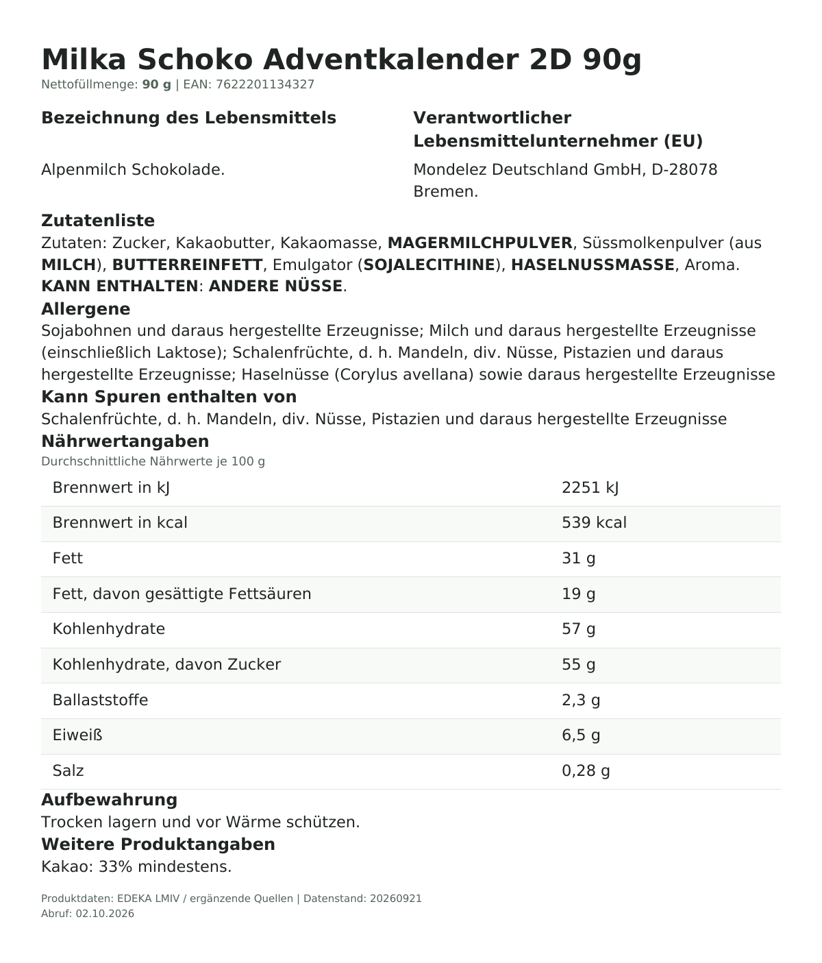 Lebensmittelinformationen je Einzelprodukt – Milka Schoko Adventkalender 2D 90g