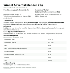 Lebensmittelinformationen je Einzelprodukt – Windel Adventskalender 75g