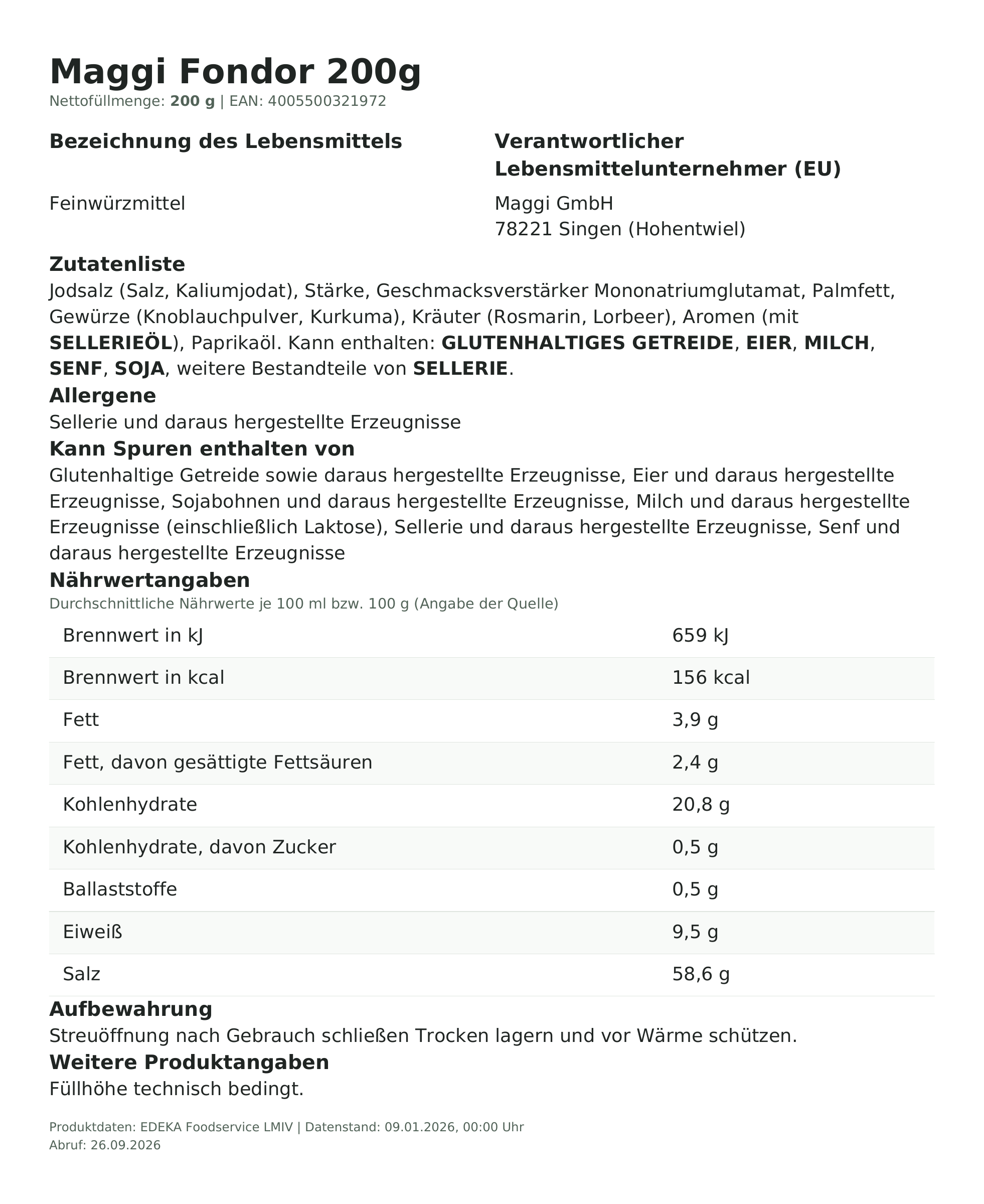 Lebensmittelinformationen: Ma Fondor Dose 200g 200g