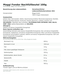Maggi Fondor Nachfüllbeutel 100g – Lebensmittelangaben