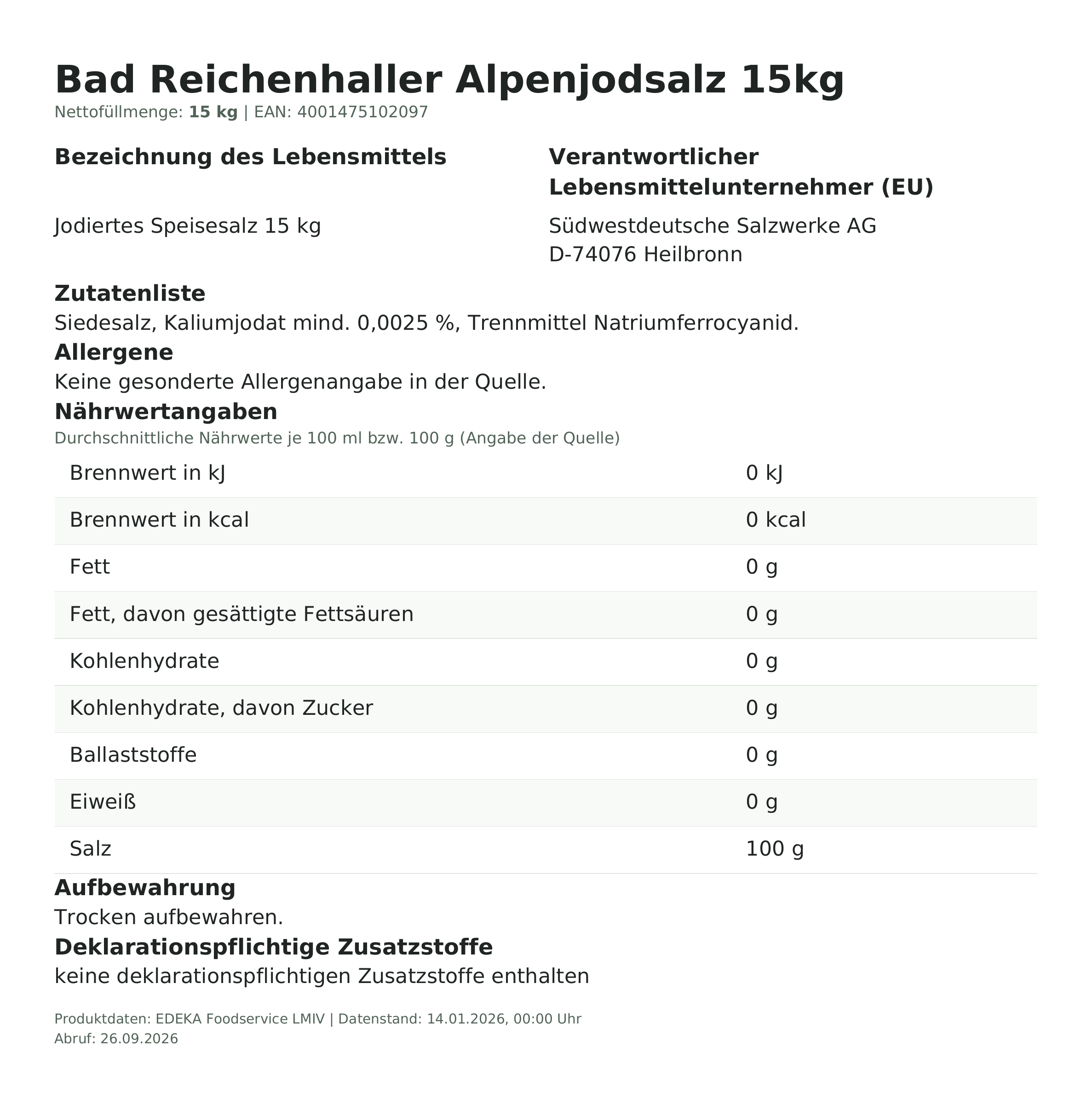 Lebensmittelinformationen: Reichenhaller Jodsalz 15Kg 15.000g