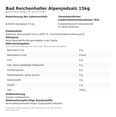 Lebensmittelinformationen: Reichenhaller Jodsalz 15Kg 15.000g